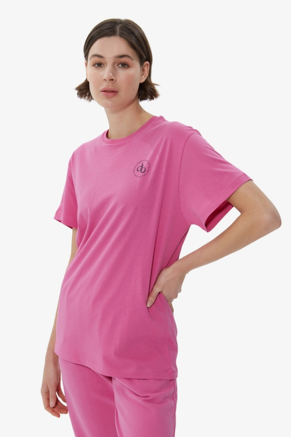 T-Shirt Pembe Ön Baskılı Bisiklet Yaka Basic T-shirt