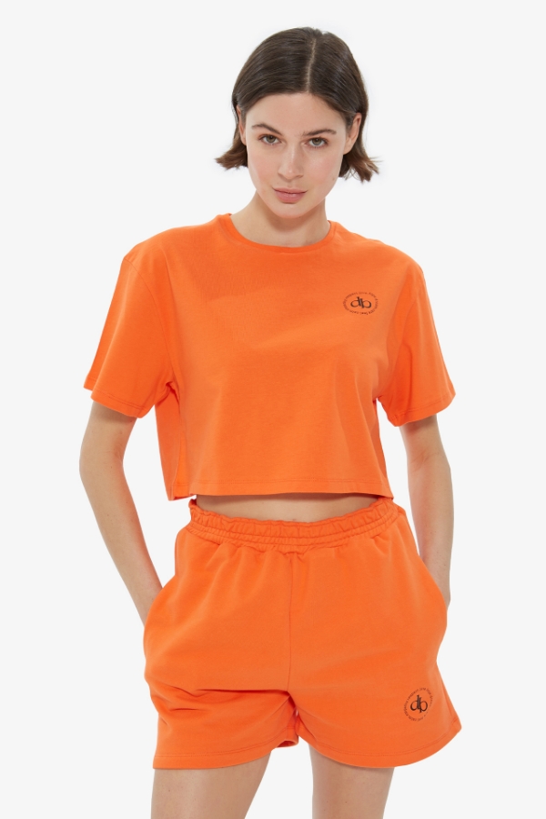 T-Shirt Turuncu Bisiklet Yaka Crop T-shirt