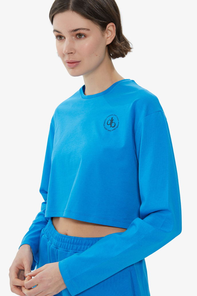 T-Shirt Mavi Bisiklet Yaka Uzun Kol Crop T-shirt