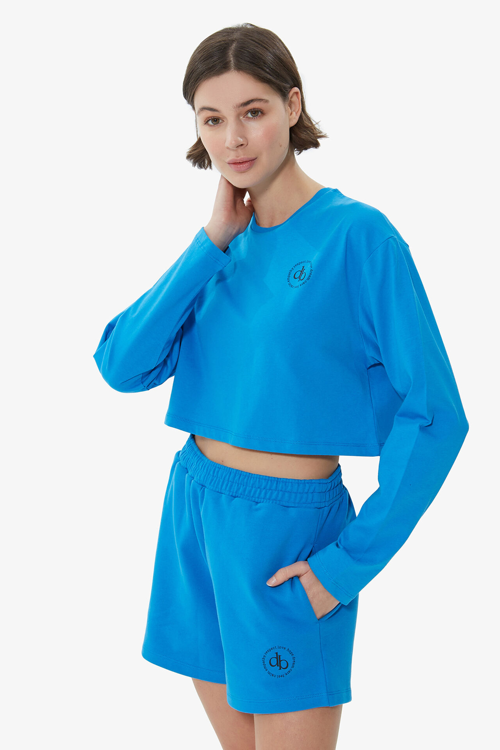 T-Shirt Mavi Bisiklet Yaka Uzun Kol Crop T-shirt
