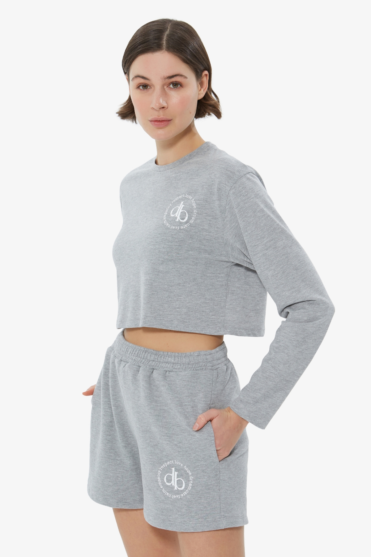 T-Shirt Gri Bisiklet Yaka Uzun Kol Crop T-shirt