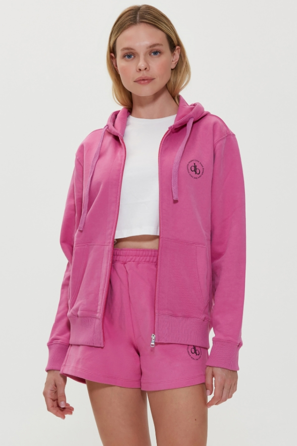 Sweatshirt Pembe Kapüşonlu Fermuarlı Sweatshirt