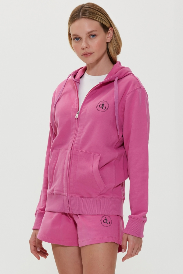 Sweatshirt Pembe Kapüşonlu Fermuarlı Sweatshirt