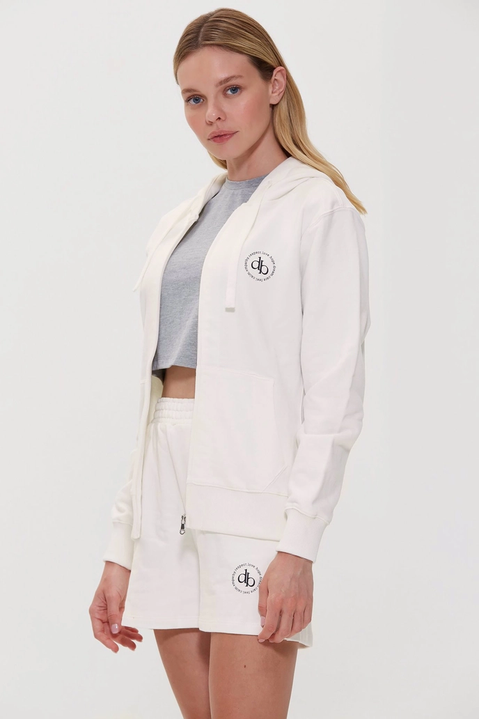 Sweatshirt Beyaz Kapüşonlu Fermuarlı Sweatshirt