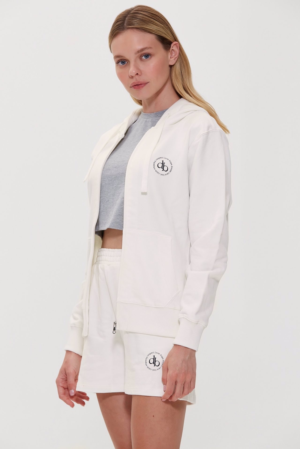 Sweatshirt Beyaz Kapüşonlu Fermuarlı Sweatshirt
